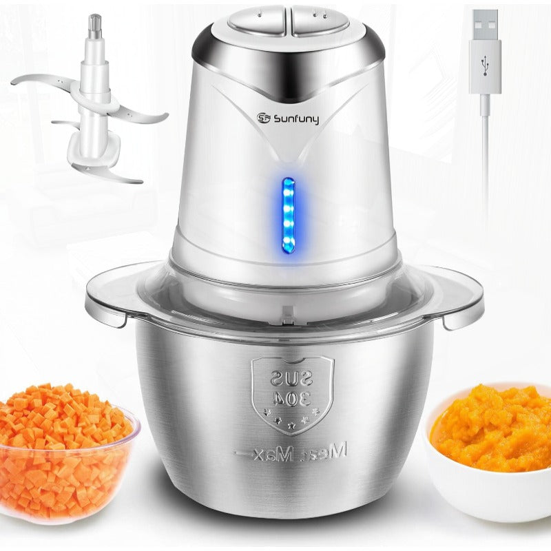 Food Processor Cordless Vegetable Chopper with 5 Cup Stainless Steel Bowl&6000mAh USB Rechargeable Battery Electric Garlic Meat Choppers BPAfree Baby Food Processors Blender Mincer 2 Speeds White