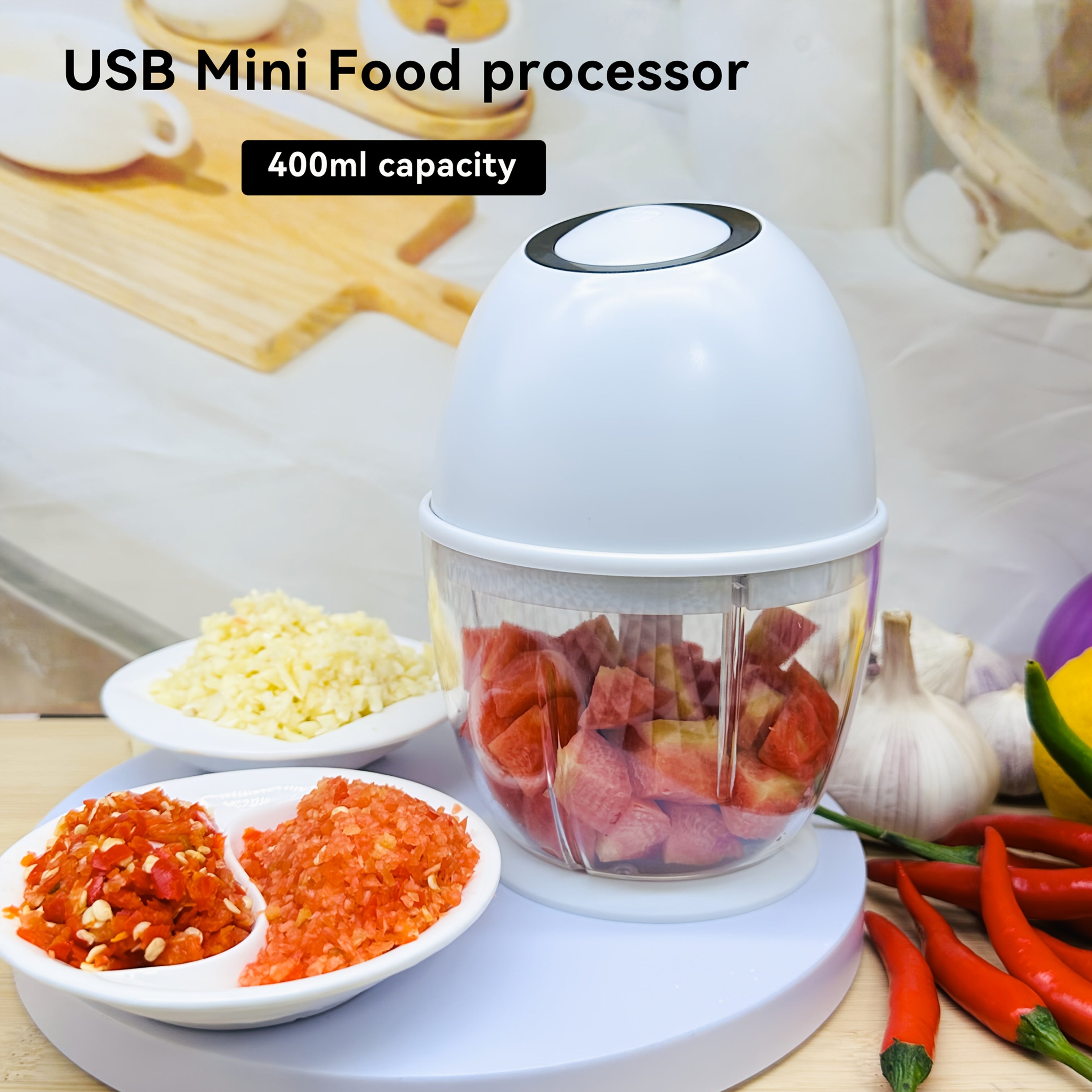 Home Series - Electric Food Processor Vegetable Chopper, 400Ml Rechargeable Portable Meat Grinder, USB Rechargeable Garlic And Onion Chopper, Suitable for Vegetables, Ginger, Fruits, Purees, Etc., in White.