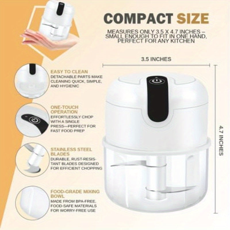 USB Rechargeable Electric Garlic Chopper & Food Processor with Stainless Steel Blades, BPA-Free Bowl, 60W Powerful Motor & 12-Second Chopping Time - Portable Mini Chopper for Garlic, Onion, Herbs, Nuts, Spices, Dips - Compact Design with Ergonomic Lid &