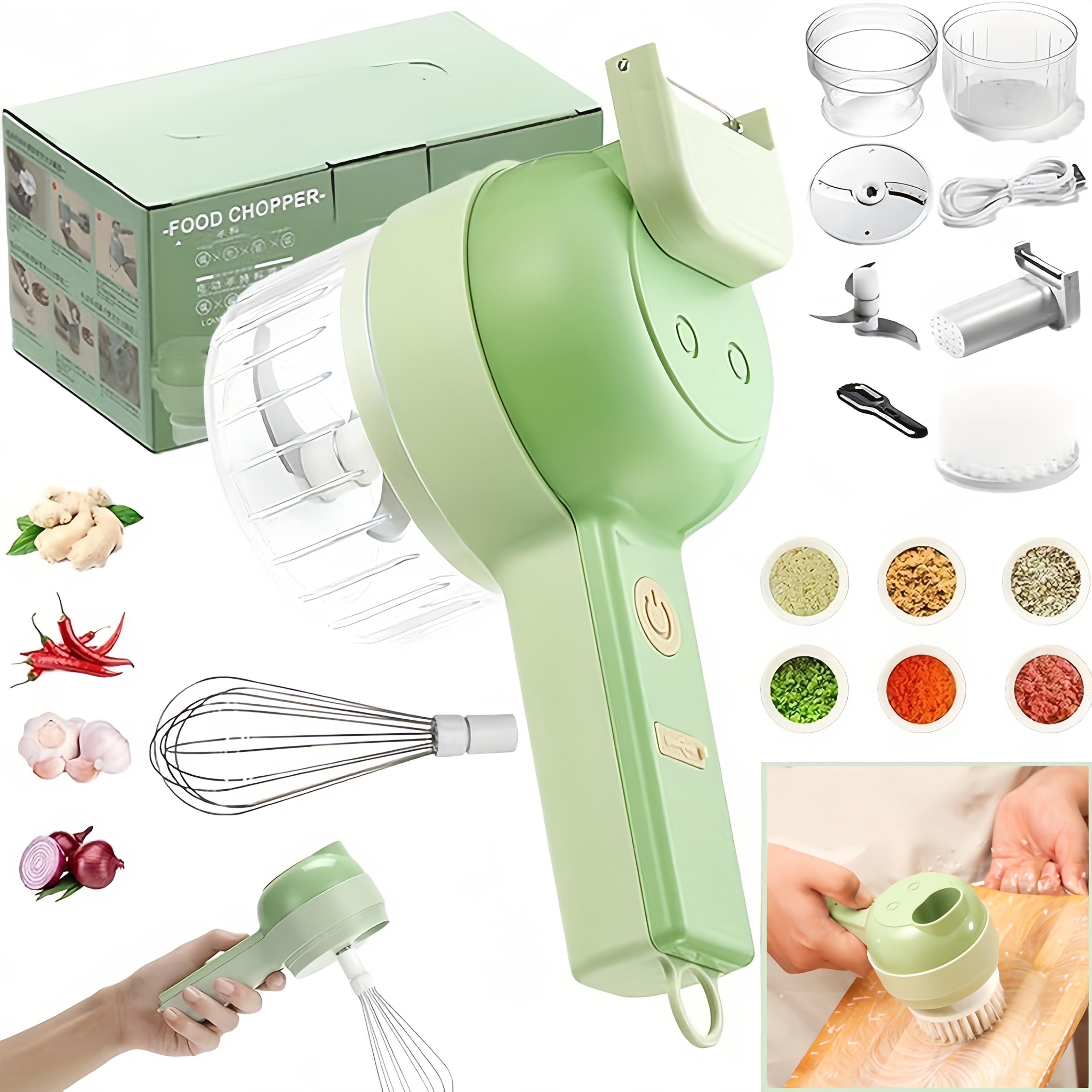 Multi-Functional Portable Electric Vegetable Cutter Set, Wireless Vegetable Processor for Garlic, Peppers, Onions, Celery, with Brush, Comes with Egg & Cream Beater., Electric Vegetable Slicer