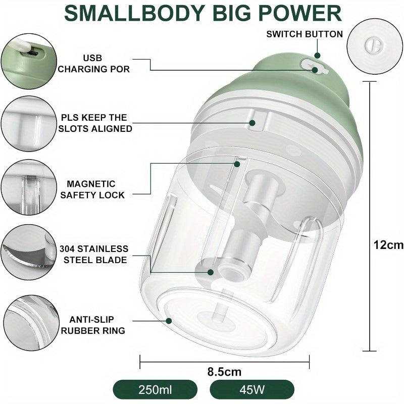 1-Touch Electric Garlic Chopper with USB-Powered 45W Motor & 8.45oz Large Cup - Heavy-Duty Mini Food Processor with Safety Lock, 304 Blade & BPA-Free Design, Portable for Garlic, Onion, Ginger, Chili, Meat, Nuts, Vegetables - Compact & Lightweight with