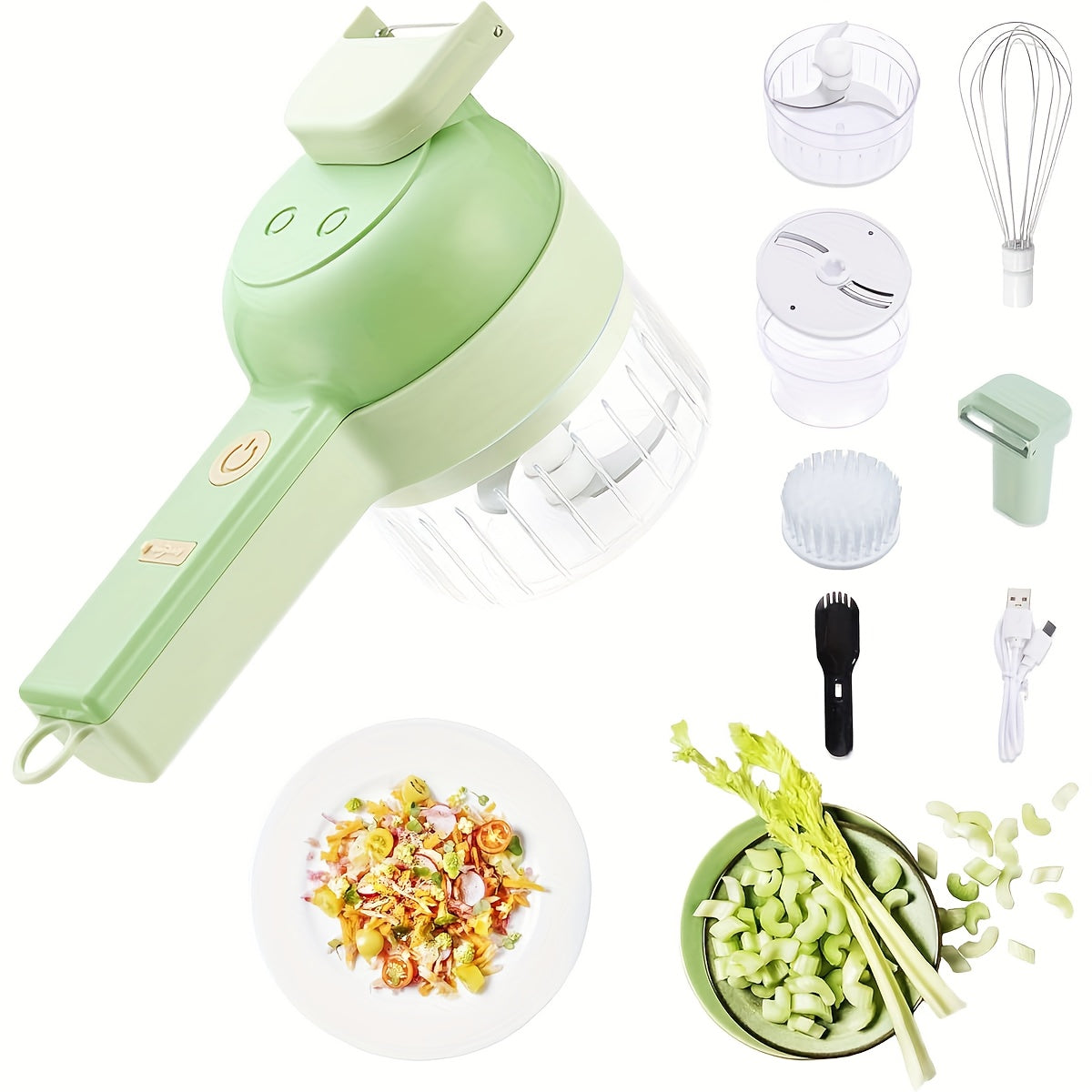 Multi-Functional Portable Electric Vegetable Cutter Set, Wireless Vegetable Processor for Garlic, Peppers, Onions, Celery, with Brush, Comes with Egg & Cream Beater., Electric Vegetable Slicer
