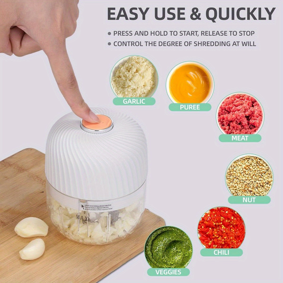 1-Touch Electric Garlic Chopper with 8.45oz Large Capacity & 4-in-1 Function (Chop/Grind/Mash/Blend) - Cordless Mini Food Processor with USB-Powered Motor, 50-Cut Capacity, Safety Lock & BPA-Free - Compact Portable Design for Vegetables, Meat, Ginger,