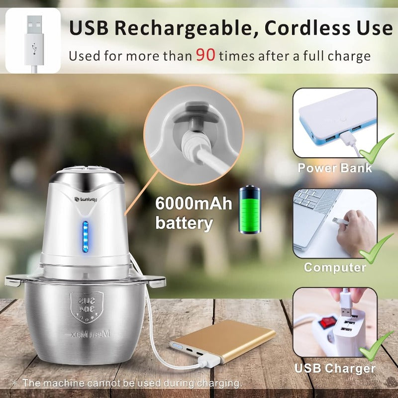 Food Processor Cordless Vegetable Chopper with 5 Cup Stainless Steel Bowl＆6000mAh USB Rechargeable Battery Electric Garlic Meat Choppers BPAfree Baby Food Processors Blender Mincer 2 Speeds White
