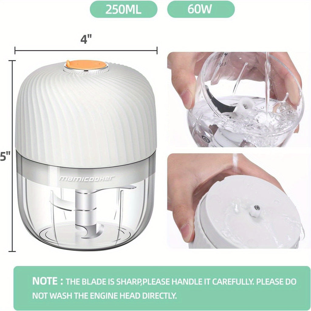 1-Touch Electric Garlic Chopper with 8.45oz Large Capacity & 4-in-1 Function (Chop/Grind/Mash/Blend) - Cordless Mini Food Processor with USB-Powered Motor, 50-Cut Capacity, Safety Lock & BPA-Free - Compact Portable Design for Vegetables, Meat, Ginger,