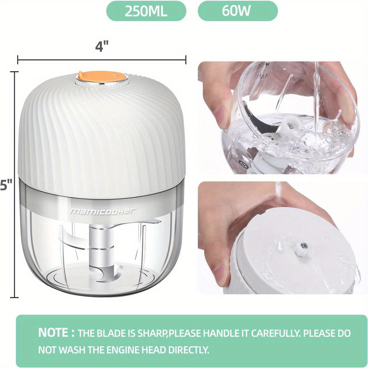 1-Touch Electric Garlic Chopper with 8.45oz Large Capacity & 4-in-1 Function (Chop/Grind/Mash/Blend) - Cordless Mini Food Processor with USB-Powered Motor, 50-Cut Capacity, Safety Lock & BPA-Free - Compact Portable Design for Vegetables, Meat, Ginger,