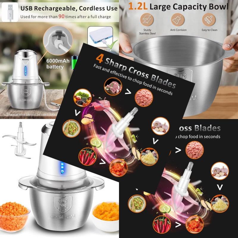 Food Processor Cordless Vegetable Chopper with 5 Cup Stainless Steel Bowl＆6000mAh USB Rechargeable Battery Electric Garlic Meat Choppers BPAfree Baby Food Processors Blender Mincer 2 Speeds White