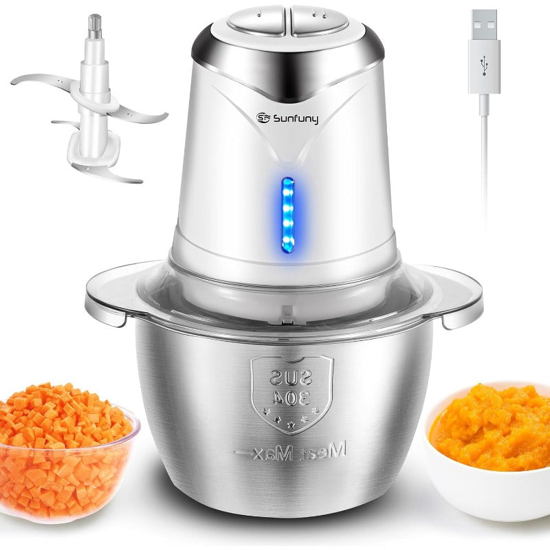 Food Processor Cordless Vegetable Chopper with 5 Cup Stainless Steel Bowl＆6000mAh USB Rechargeable Battery Electric Garlic Meat Choppers BPAfree Baby Food Processors Blender Mincer 2 Speeds White