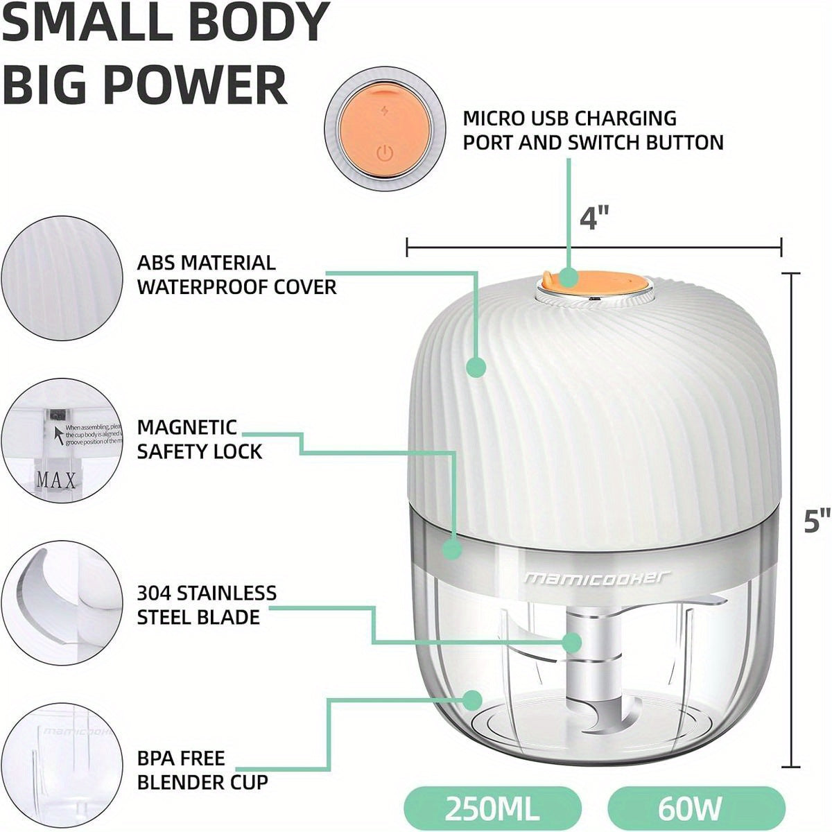 1-Touch Electric Garlic Chopper with 8.45oz Large Capacity & 4-in-1 Function (Chop/Grind/Mash/Blend) - Cordless Mini Food Processor with USB-Powered Motor, 50-Cut Capacity, Safety Lock & BPA-Free - Compact Portable Design for Vegetables, Meat, Ginger,